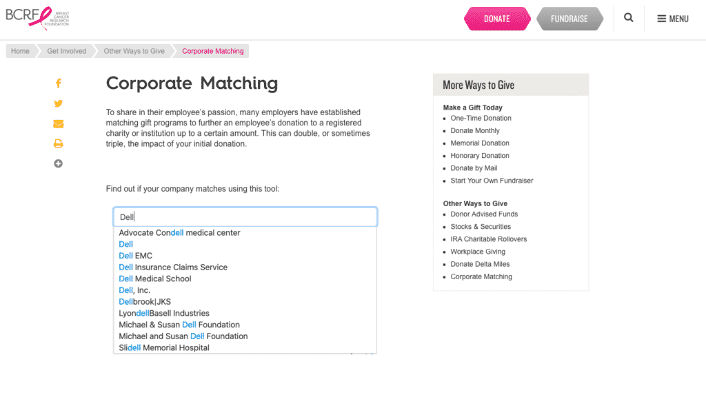 Users can engage with corporate matching lookup tool