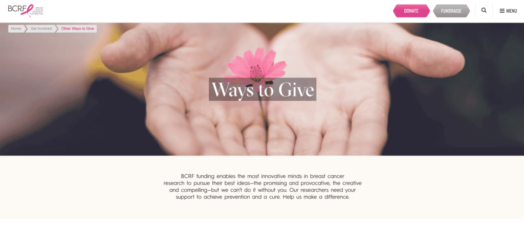 After: a redesigned landing page helps BCRF increase engagement on other ways to give.